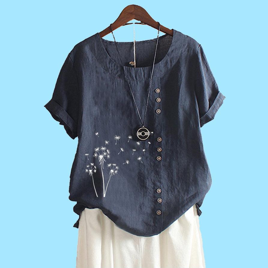 Женская мода хлопок льняной топ блузка лето и осень короткий рукав футболка женская повседневная цветочный принт свободная блузка