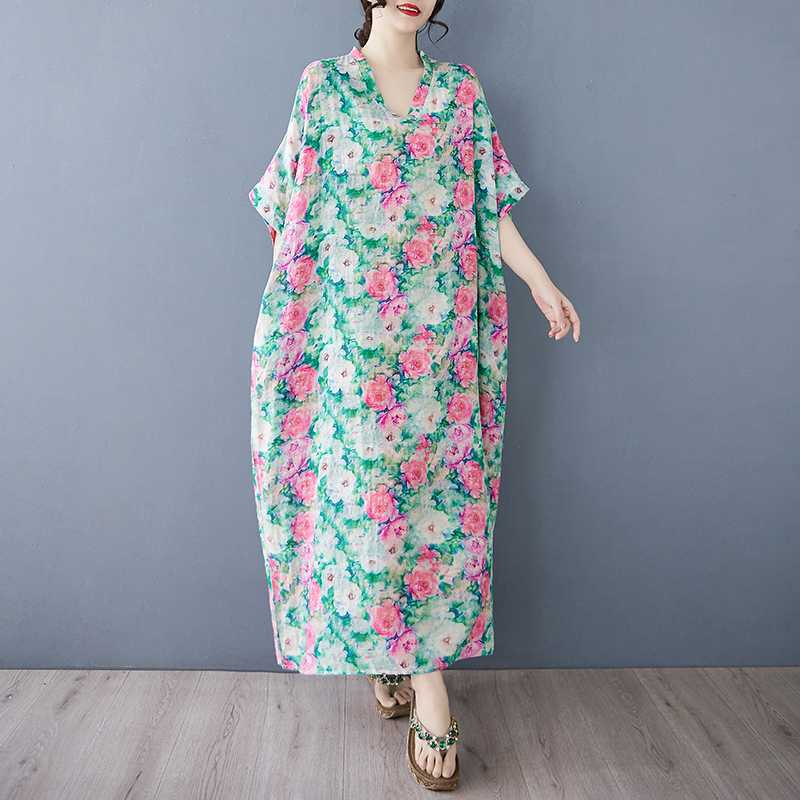 Летнее цветное дорожное платье с V-образным вырезом в стиле ретро, длинная юбка, хлопок-лен