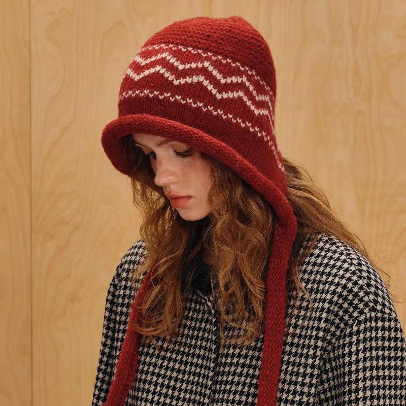 Women Red Fair Isle Knit Hat Warm Earmuff Travel Large Head Size Hat
