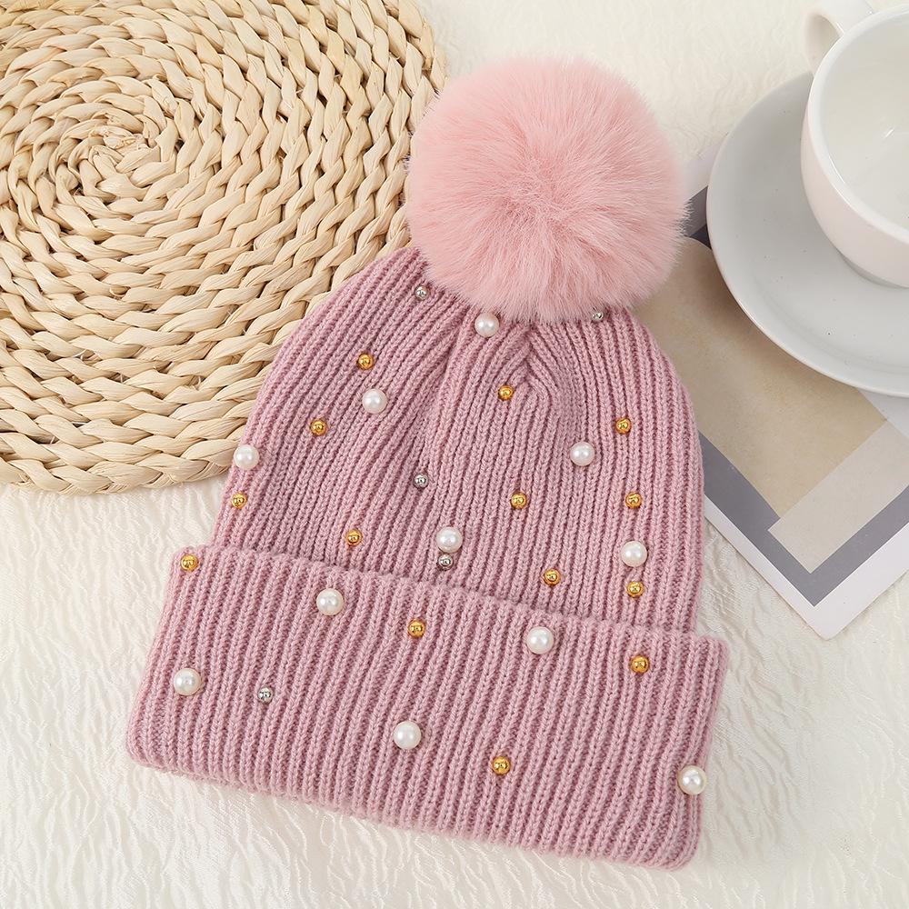 Korean Winter Pearl Rivet Pom Pom Woolen Hat for Women