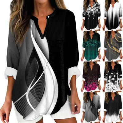 Женский модный повседневный женский топ из конопли с заниженными плечами и длинным рукавом с v-образным вырезом и принтом