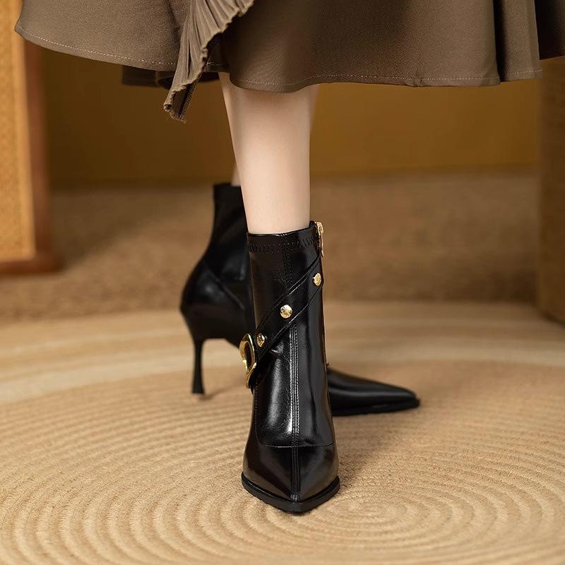New Chinese temperament women's niche design pointed short boots thickened buckle high heel fashion boots side zipper spring and autumn