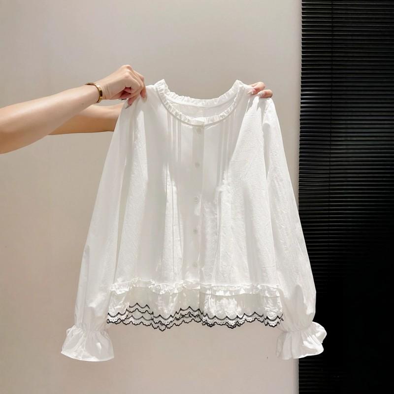 Womens French Vintage Lace Shirt Loose Fit Slimming Elegant Ruffle Blouse Long Sleeve