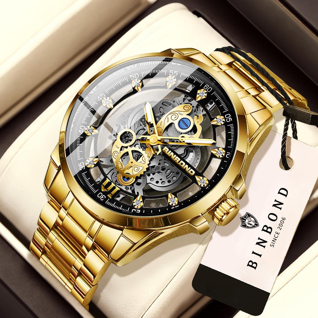BINBOND Vintage Hollow-out Quartz Wristwatch For Men Luxury Luminous Waterproof Accurate Durable Men's Watch Casual Reloj