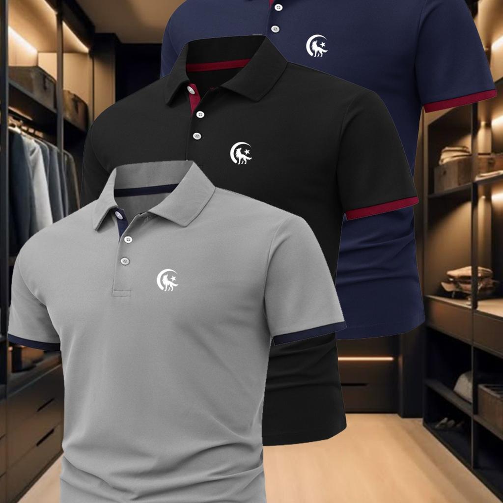 Men'S Polo Shirt Set with Wolf Print, Stylish And Suitable for Business Casual Wear, Comfortable And Breathable Short-Sleeve Polo Shirt for Summer