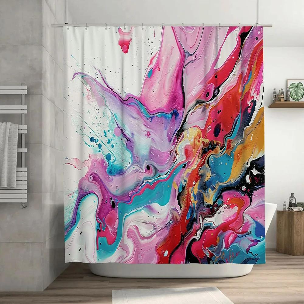 Abstract Colorful Shower Curtain with Fluid Art Design for Bathroom Decor Pink Blue White Red Yellow Black Orange Modern Polyest