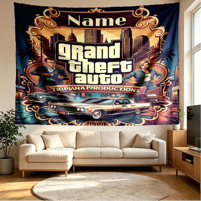 Custom Name Personalized Grand Theft Auto Print Tapestry, Wall Art Decor, Bedroom, Dorm, Apartment, LivingRoom, Party Backdrop, Gift for Birthday