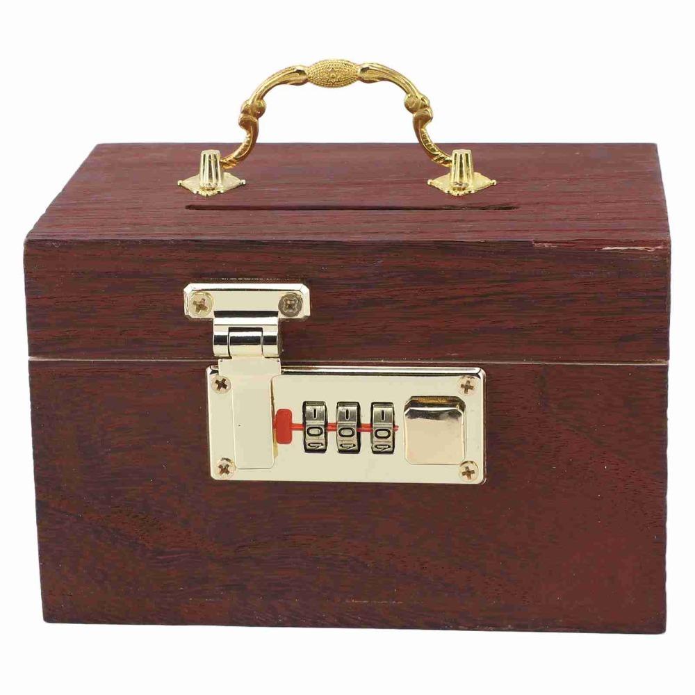 Password Lock Locking Money Storage Box With Handle Security Vintage Wooden Piggy Bank Wooden Material Small Size