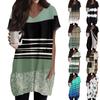Womens Tops V-neck Short Sleeve Blouses Casual Mid-length Shirts Fashion Print Tunic Tops With Pockets