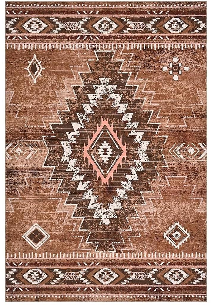 Brown Western Moroccan Aztec Washable Rug, Soft Non-Slip Carpet for Entryway Living Room Dining Room