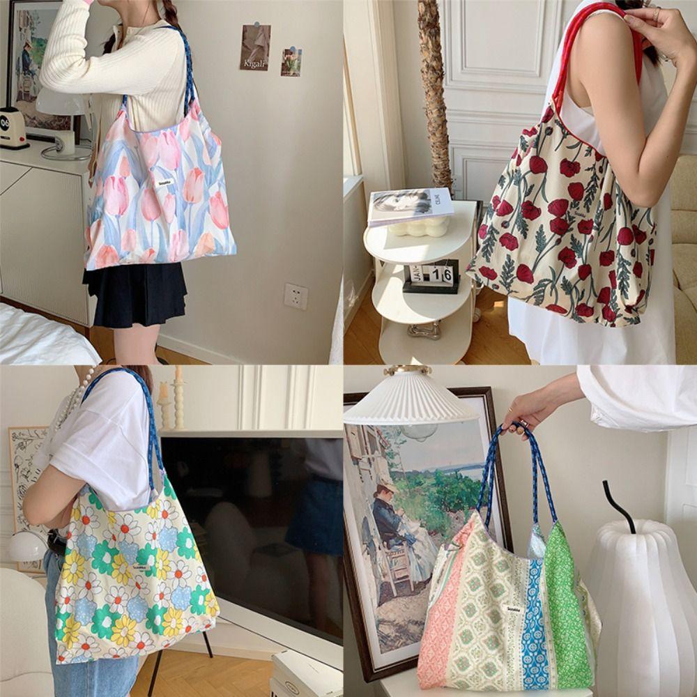 Large Capacity Drawstring Shopping Bag Reusable Travel Tote Bag Portable Canvas Shoulder Bag