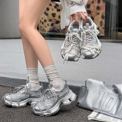 Платформа Lin Yun папины кроссовки женские новые сетчатые универсальные увеличивающие рост серебристые повседневные спортивные туфли