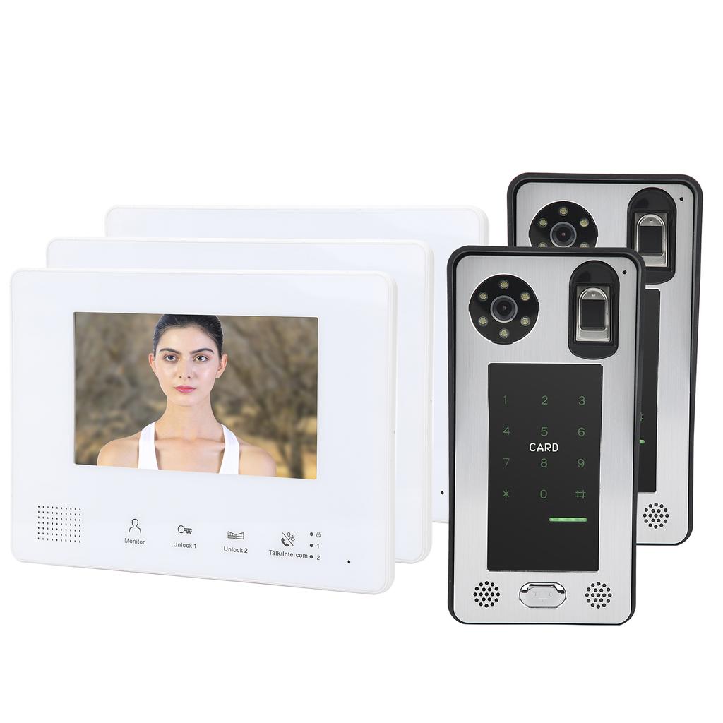 2-Wire Video Intercom 7in 3 Monitors 2 Cameras Fingerprint Password IC Card Night Vision Doorbell