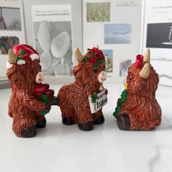 Yousheng 3 шт. Фигурки шотландской коровы Рождественский декор Полимерная статуэтка теленка животного для дома сада офиса Деревенское фермерское настольное украшение