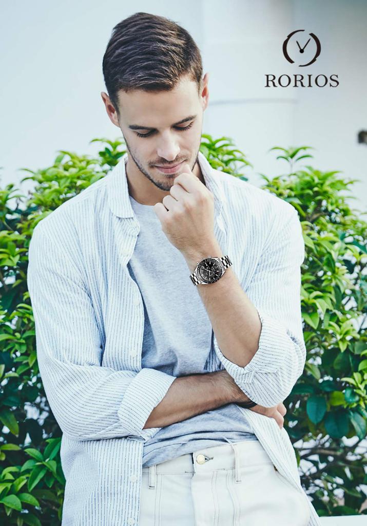 Часы RORIOS Светящиеся часы Кварцевые часы Спортивные часы Часы Аналоговый дисплей Функция календаря Хронограф Стальной браслет Деловой подарок Мужские мужские