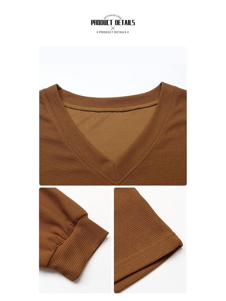 Европейский и американский осенний пуловер с V-образным вырезом в стиле ретро, вафельный, с длинным рукавом