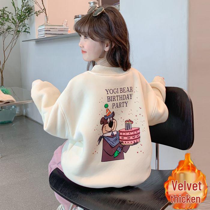 Худи с мультяшным медведем для девочек в корейском стиле 2025: Стильный бархатный топ на осень/зиму