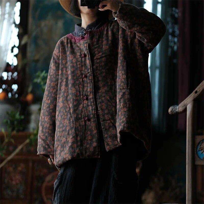 Johnature Женские парки с цветочным принтом и винтажным принтом, парки с круглым вырезом и длинными рукавами, плюс хлопковое мягкое пальто, зимние парки в китайском стиле