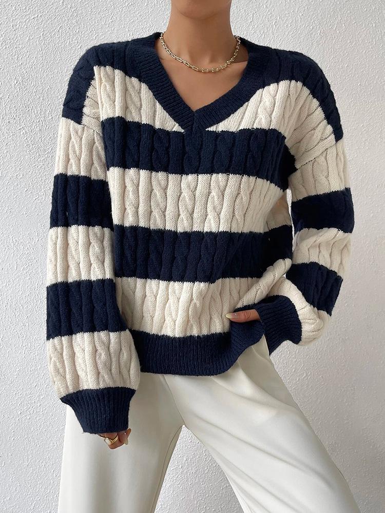 Autumn Winter V-neck Retro Color Block Stripe Knit Sweater for Women