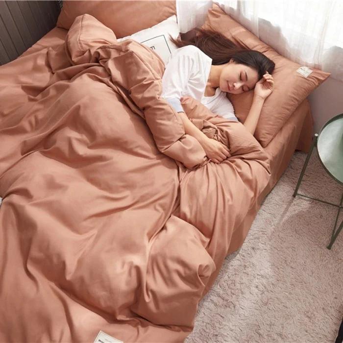 2024 new solid color double polished bed four-piece set Japanese bed sheet quilt cover mattress student kit multi-specification