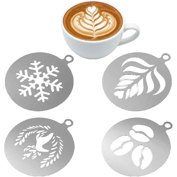 4 Pcs Coffee Stencils Latte Art, Latte Art Stencils Stainless Steel Construction, Coffee Stencil Short Handle Design for Professional Home Cafe and
