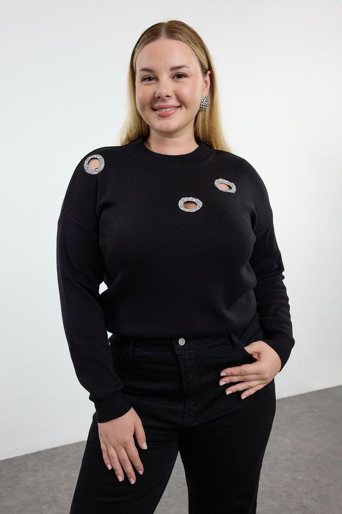 Women's Fashion Stylish Plus Size Sweater Black Stoned Cut Out Detailed Knitwear Sweater