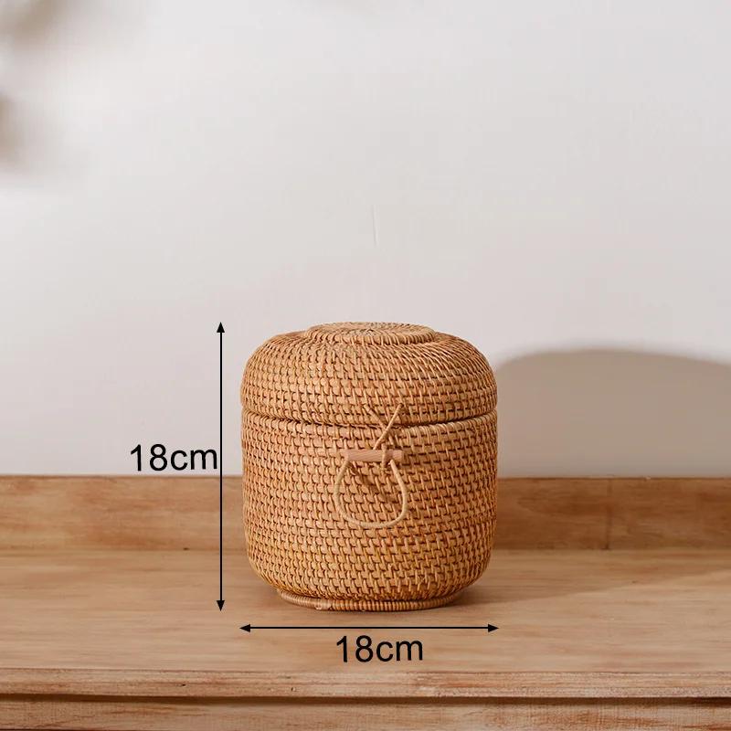 Handwoven Rattan Storage Box with Lid Tea Food Container Kongfu Tea Set Bread Fruit Basket with Lid Puer Tea Bag Organizer