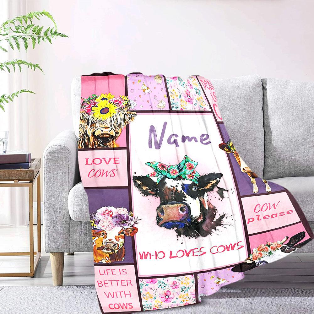 Cow Floral Crown Home Customize Your Name Blankets Comfortable Soft Lightweight Allseason Multipurpose Blanket For Picnics Sofas Offices Beds Living