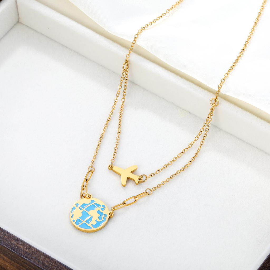 Designer Fly Plane Global Earth Pendant Necklace Women Men Couple Gold Plated Stainless Steel Anniversary Jewelry Romantic Gifts