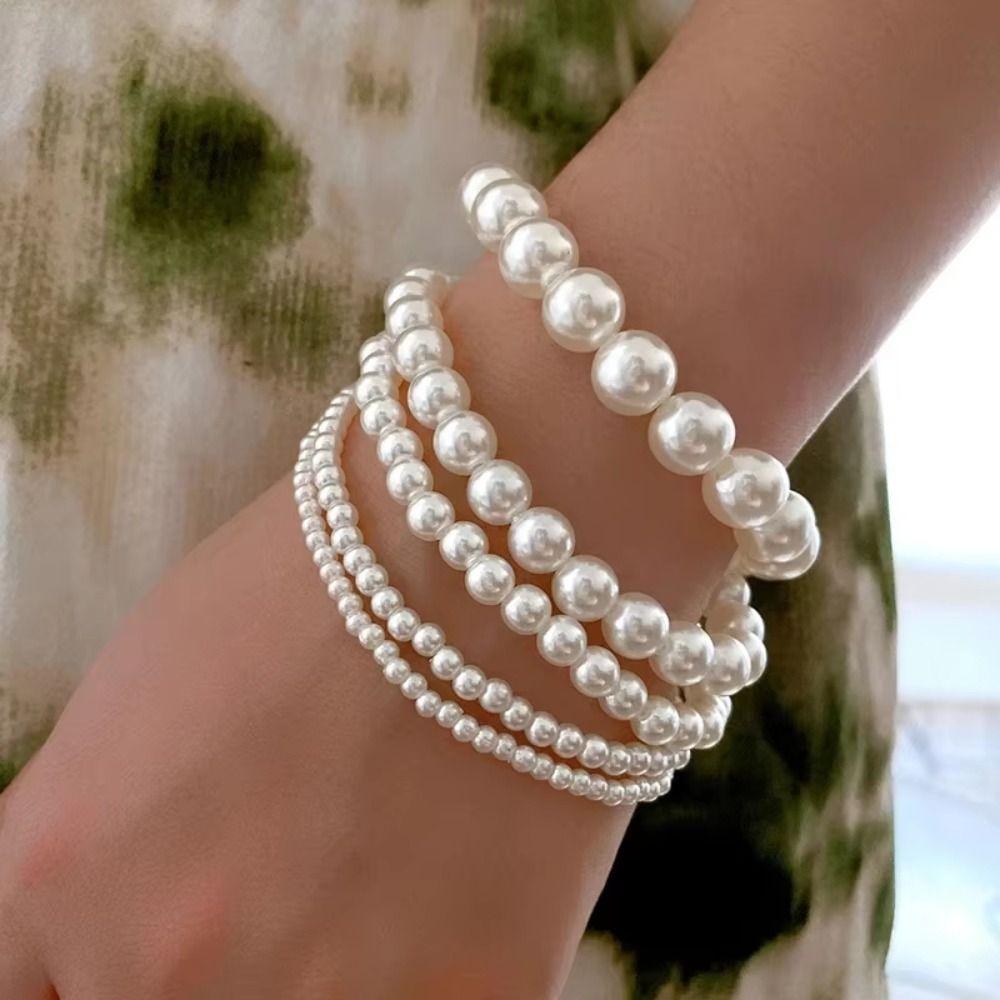 Baroque Pearls Bracelet White Wide Bangle Unique Elastic Bracelet  Girl