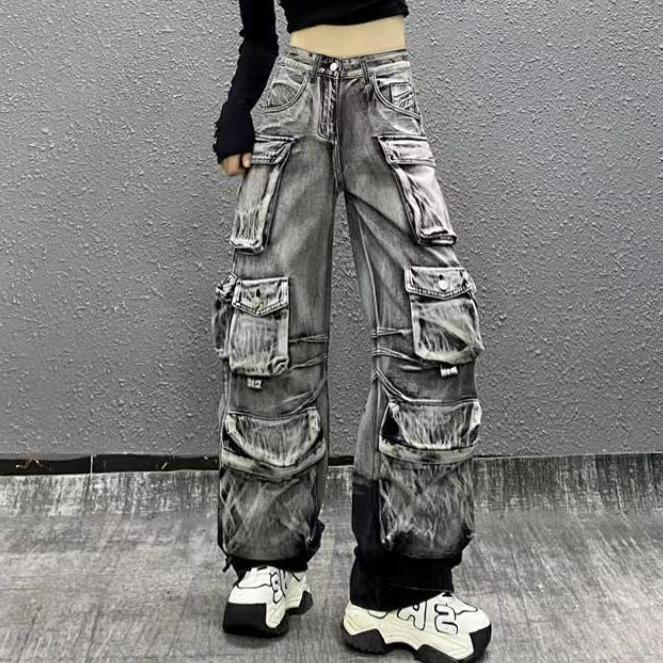 Women Blue Multi-pocket Cargo Jeans Women Wide Leg Jeans