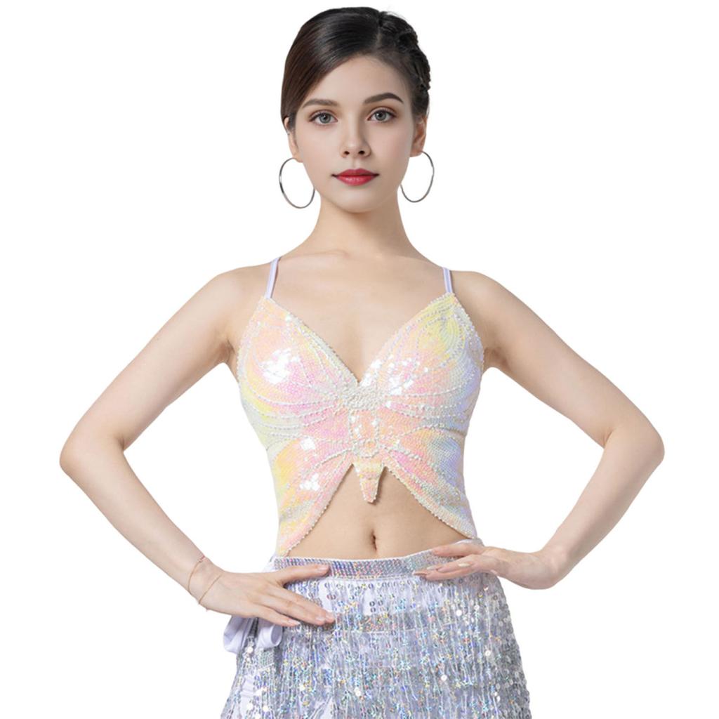 Женский костюм для танца живота, укороченный топ с открытой спиной, без рукавов, с пайетками, костюм для латинских танцев, бандажный жилет с регулируемыми резинками, праздничный топ