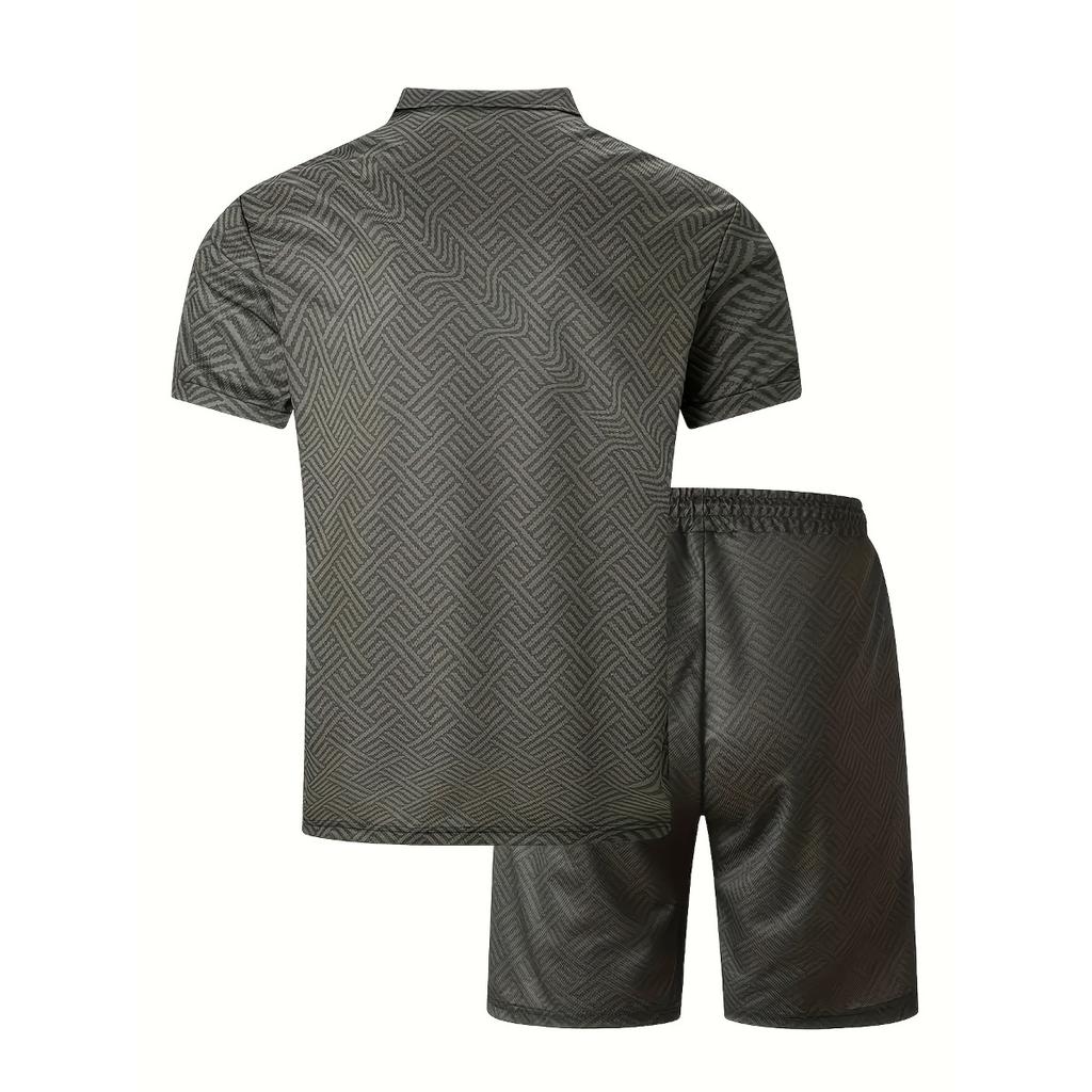 Мужской повседневный костюм с тропическим принтом - черная рубашка с коротким рукавом на молнии и белые шорты с карманами, полиэстер, машинная стирка