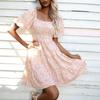 2025 new European and American style bubble sleeve printing dress summer square collar waist thin floral dress women
