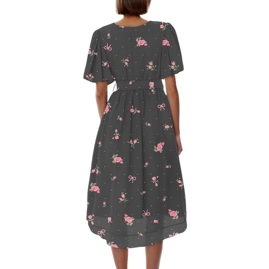 Women's Fashion Casual V Neck Short Sleeve Ruffled Vintage Printed Dresses