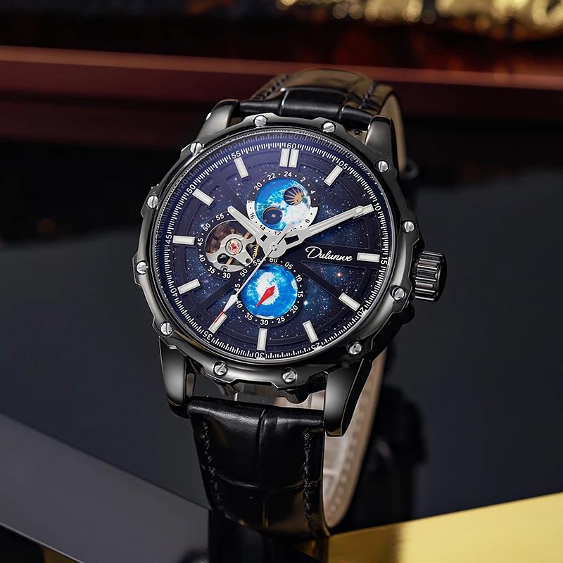 Dulunwe Мужские автоматические механические полые механические часы звездное небо наручные часы водонепроницаемые деловые наручные часы