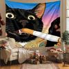 Забавный курящий черный кот Гобелен Японский стиль Укиё-э Кошка Настенное панно Крутой Эстетичный Декор комнаты подходит для офисов баров вечеринок