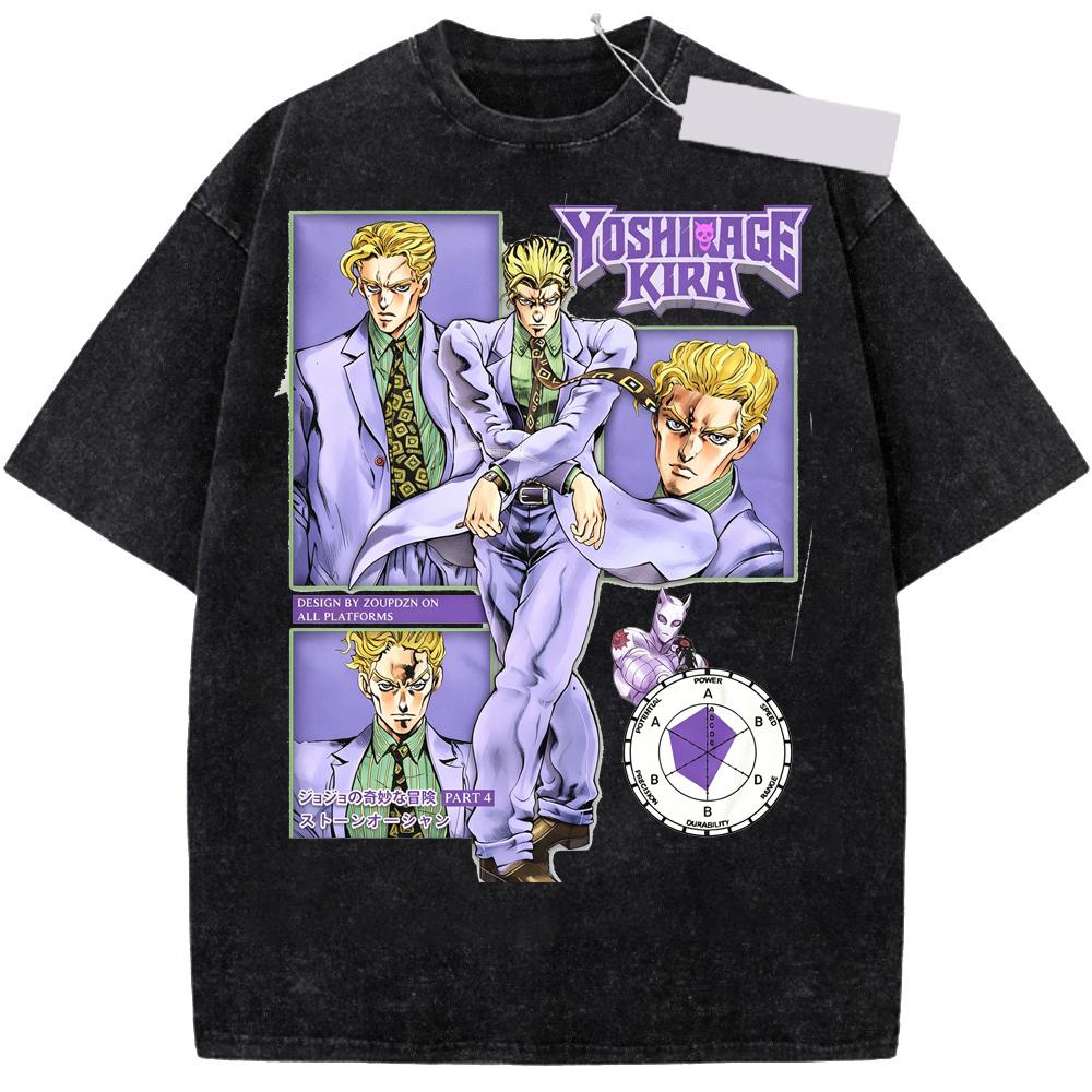 JoJo's Bizarre Adventure Йошикаге Кира Винтажная стираная футболка Стритвир Мультяшный аниме-принт Хлопок Повседневная футболка с коротким рукавом