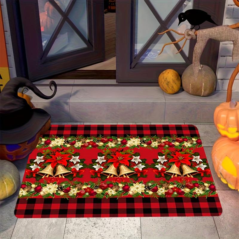VIKAMA Christmas Themed Entrance Doormat Hallway Anti Slip Water Absorbing Red And Black Checkered Festive Decorative Rug