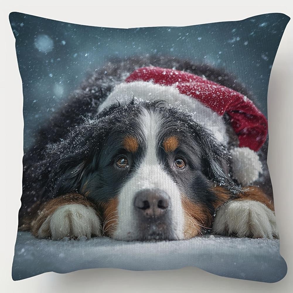 pc Bernese Mountain Dog Christmas Pillow Case Berner Dog Plush Cover with Santa Hat Snow Design x Inch Soft Decorative