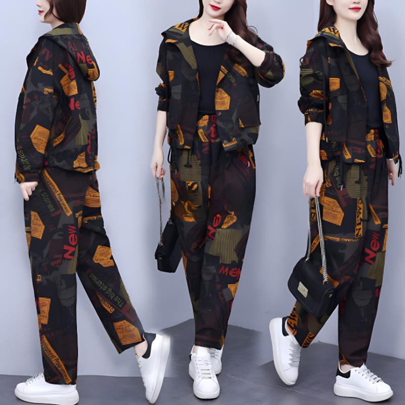 Костюм в стиле ретро больших размеров для женщин на весну и осень, свободный повседневный модный темпераментный пиджак с капюшоном, костюм из двух частей