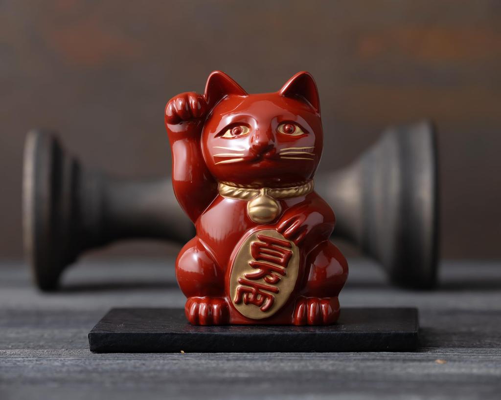 Gingado Maneki Neko (Lucky Cat) - Red Lacquer, Right Paw Raised, Metal, Lucky Cat, Good Luck, Feng Shui Figurine, Takaoka Copperware (Maneki Neko RE)