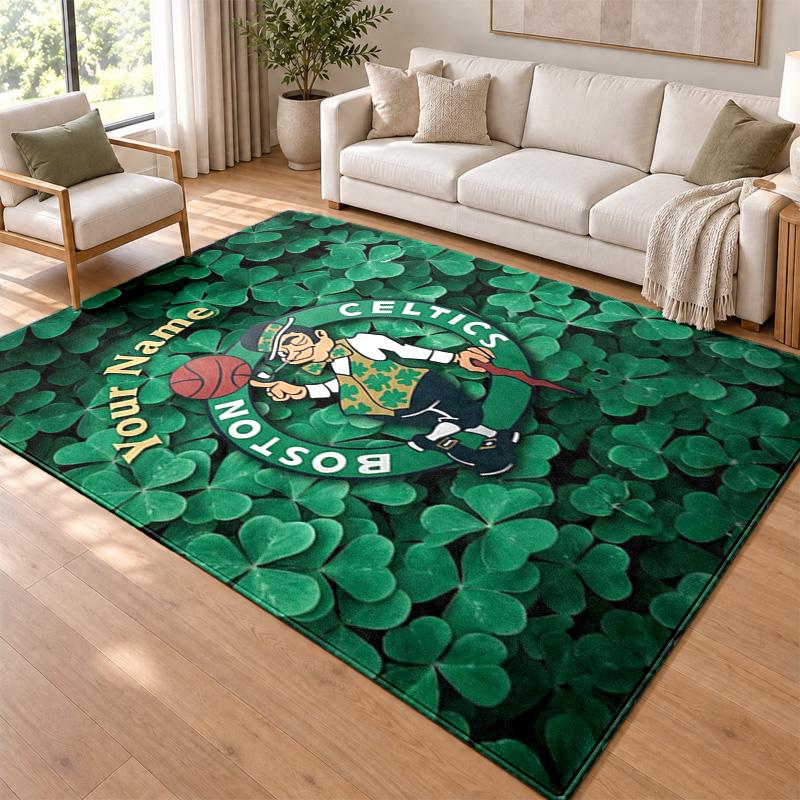 Boston Celtics Custom Name Personalized Rug Non‑Slip Doormat Floor Carpet Housewarming Birthday Gift for Family Friends