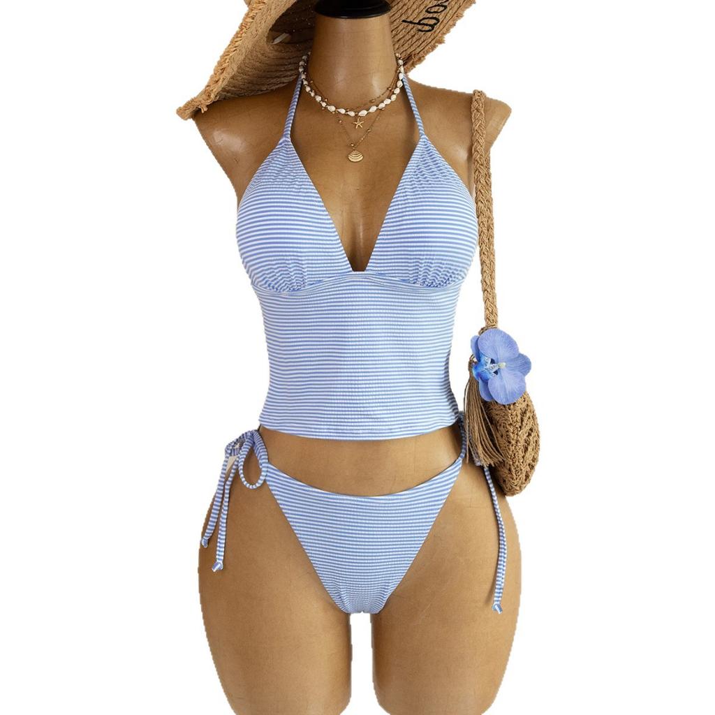 1011 European and American blue and white stripes fresh neck V-neck sexy pleated drawstring waist cover vest bikini