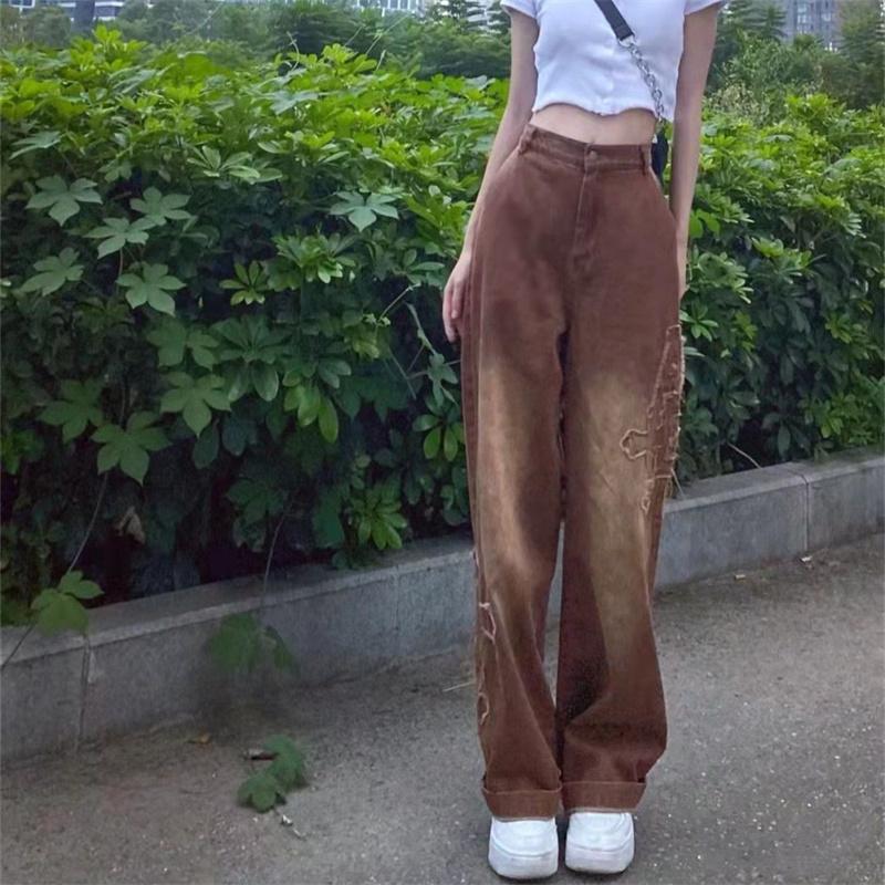 2022 Autumn Korean Stytle Trend Vintage Fashion Jeans Pants for Women Straight Baggy Woman Trousers Hippie Pant Patchwork Cowboy