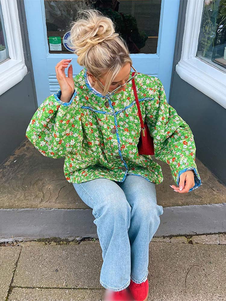 New Floral Printed Long Sleeve Jacket Women Round Neck Contrasting Colors Button Pockets Clothing Ethnic Harajuku Vintage Quilted Cotton Coats