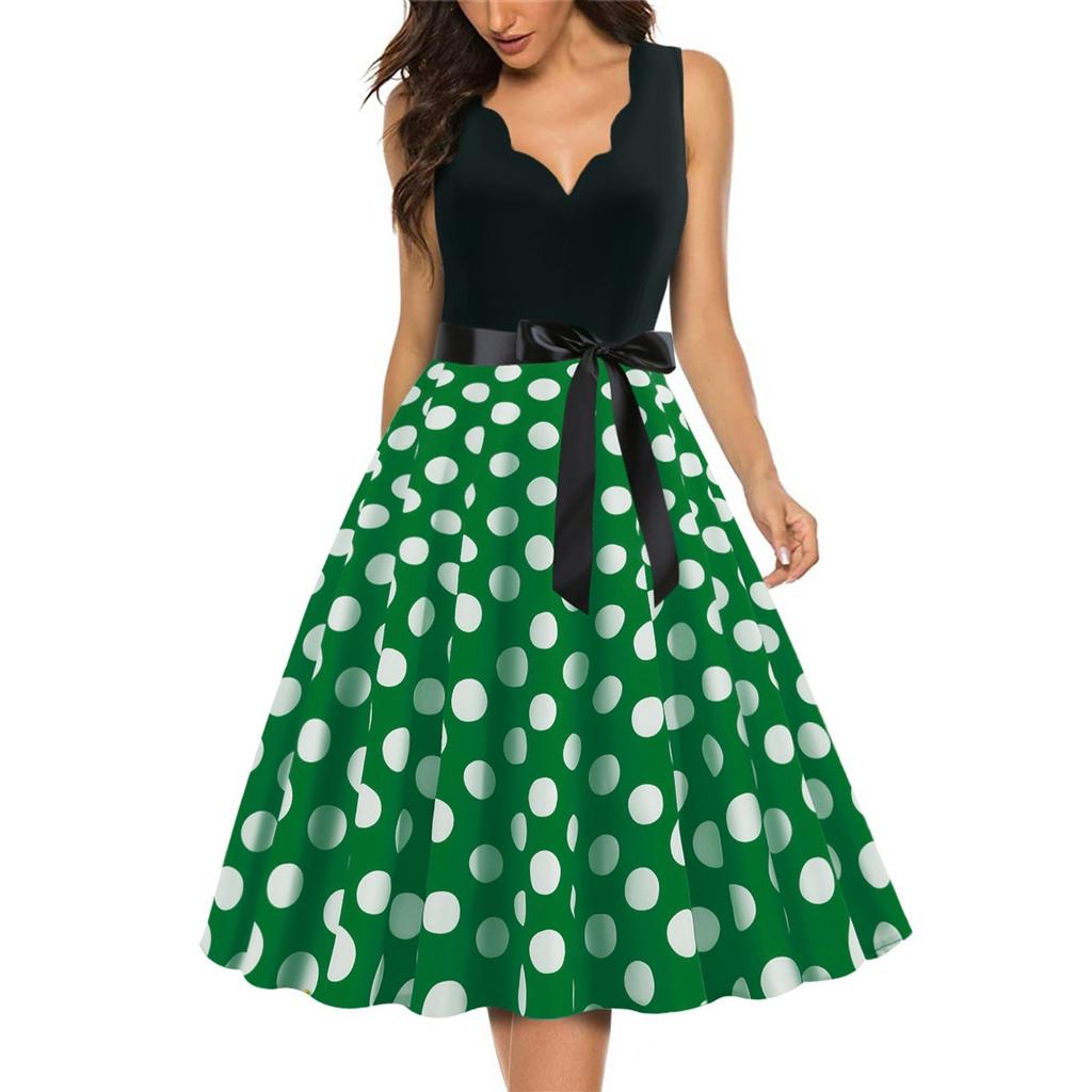 Women's Fashion Retro V-neck Polka Dot Print Swing Dress