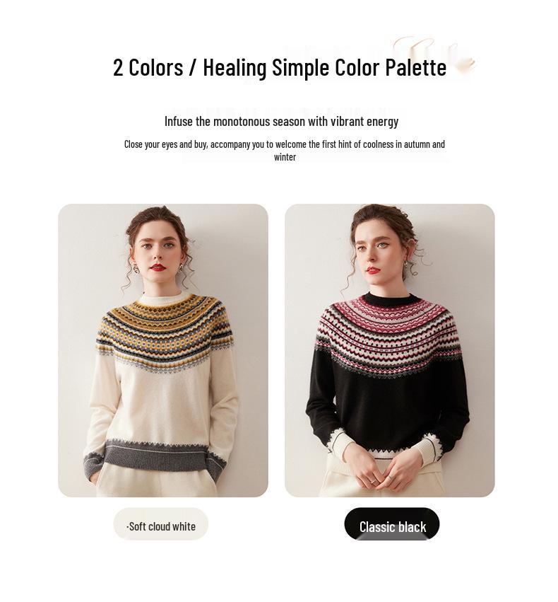 Elegant Retro Fair Isle Jacquard Cashmere Pullover Sweater for Women - Autumn/Winter Collection