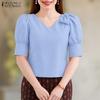 Женская блузка с V-образным вырезом, однотонная, повседневная, с коротким рукавом