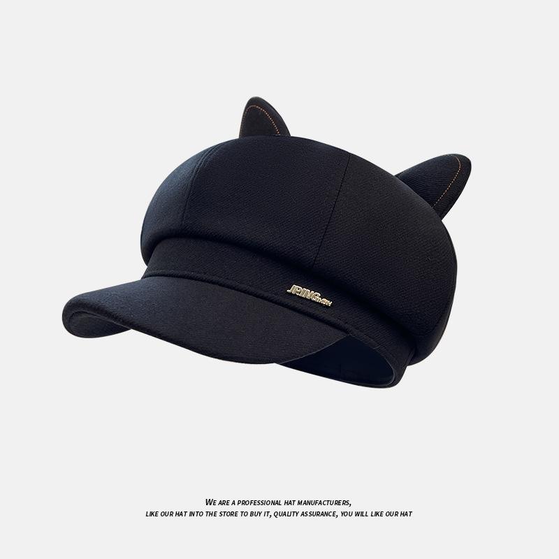 Осенне-зимние шляпы для женщин Британская ретро восьмиугольная шляпа Большой обхват головы Маленький берет, подчеркивающий лицо Универсальная кепка с кошачьими ушками